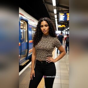 Zara Animal Print Short Sleeve Top - Black and Tan